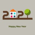 Happy New Year 2020 Abstract Real Estate Greeting Card With Colorful House And Tree. Go Green Concept Royalty Free Stock Photo