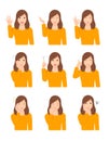 Young asian woman upper body / waist up vector illustration set / hand gesture and face pattern variations.