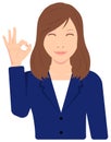 Young asian business woman vector illustration upper body, waist up / ok sign with smiling