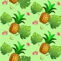 Summer seamless pattern with pineapples, lime slices, tropical leaves and flowers. Pineapple, monstera, hibiscus and lime