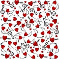 Hearts and music notes. Festive texture for Valentine`s Day.