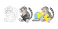 Animals and professions. Educational materials. Cat in glasses with books and a globe