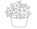 Flowerpot with flowers. Vector linear drawing for coloring. Beautiful, lush flowers and leaves in a flower pot pattern for childre