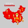 Red map of China on gray background with indicated points where disease spread. Sign of biohazard like map pin. Coronavirus 2019-n Royalty Free Stock Photo