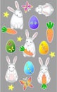 Easter stickers set. Stickers with cute rabbits, colored eggs, carrots, butterflies and stars. Vector templates for stickers on th