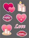 Set of vector stickers about love and romance for Valentine`s Day. Stickers with hearts, romantic candles and lipstick prints. Pic