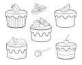 A set of sweets for coloring. Vector cupcakes, fruit cakes and sweets. Cakes with cream and icing, lemon, strawberries cherries an