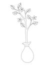 Sapling with leaves and flowers prepared for planting in the spring garden - vector linear picture for coloring. Outline. Small fl