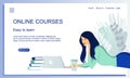 Online education website concept. Woman laying and working with laptop, books and coffee. Web Design Landing Page Template for soc