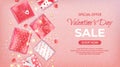 WebSpecial offer Valentine`s Day Sale. Discount flyer, big seasonal sale. Horizontal banner with garland, candies, confetti, beads Royalty Free Stock Photo