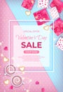 WebSpecial offer Valentine`s Day Sale. Discount flyer, big seasonal sale. Vertical Web Banner Background with realistic gifts, cup Royalty Free Stock Photo