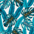 Summer seamless tropical pattern with bright leaves and plants on a colorful background. Seamless pattern with colorful leaves