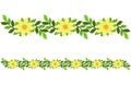 Seamless divider of yellow flowers and leaves. Spring bright border for banners, postcards and websites. Seamless vector divider o