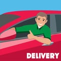 Happy delivery man sitting at the wheel of a red car shows `cool` Royalty Free Stock Photo