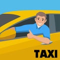 Happy taxi driver sitting at the wheel of a car shows `cool` Royalty Free Stock Photo