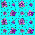 Green-blue background with violet flowers, petals and leaves - vector seamless pattern. Spring seamless background with bright flo Royalty Free Stock Photo