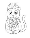 Kitty in cartoon style - vector linear picture for coloring. Kitty is a fashionista with a bow, pearl beads and a bouquet of flowe