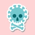 Flat vector illlustration sticker green skull , crossed bones Coronavirus isolated on pink background.