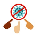 Flat vector illlustration Coronavirus and sign stop with colorful wrists isolated on white background.