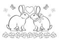 A pair of loving rabbits surrounded by flowers and butterflies - vector linear picture for coloring. Outline.