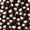 Pattern with cotton bolls and branches. Vector seamless texture.