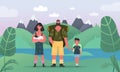 Happy family hiking. Father, mother boy children and baby breastfeedingare traveling through the mountains.
