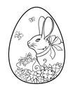Coloring page - easter egg. Easter egg with cute, beautiful rabbit, flowers and butterflies, - vector linear picture for coloring. Royalty Free Stock Photo