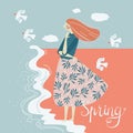Modern vector illustration with the spring theme. There is a girl near ocean
