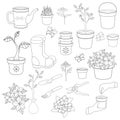 Gardening - spring gardening large vector set with plants, garden tools and equipment - for coloring. Outline. Garden linear eleme