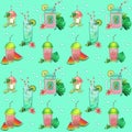 Seamless pattern - glasses with drinks on a turquoise background. Vector seamless pattern with summer drinks, leaves, fruits and b