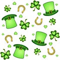 Seamless pattern in green shades for St. Patrick`s Day. Seamless pattern of hats, clovers, horseshoes Symbols of good