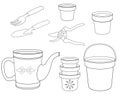 Gardening for coloring. Set of vector linear pictures on the theme of tools and objects for gardening - watering can, bucket