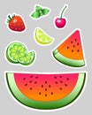 Set of vector stickers - fruits. Bright juicy fruits - Watermelon, lime, lemon, cherry and strawberry. And also mint leaves.