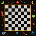 Chessboard, space, star planets, rockets, vector astro fantastic ufo pattern