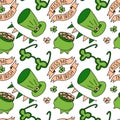 Hand drawn seamless pattern Saint Patrick`s Day traditional symbols Royalty Free Stock Photo