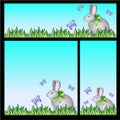 Set of three spring vector template with a rabbit sitting in the grass and butterflies. Easter blanks for banners, social networks Royalty Free Stock Photo