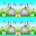 Easter seamless vector pattern with bunnies, painted eggs and butterflies. Seamless festive spring background