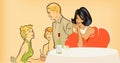 Restaurant scene. Lady sitting at a restaurant table with wine. Flat style vector image. Waiter on the background