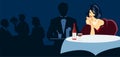 Restaurant scene. Lady sitting at a restaurant table with wine. Flat style vector image. Waiter on the background Royalty Free Stock Photo