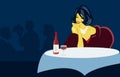 Restaurant scene. Lady sitting at a restaurant table with wine. Flat style vector image. Waiter on the background