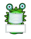 Green monster - an alien in a medical mask with a poster or a sign - a vector full-color picture with copy space