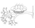 Three chicks are sitting in a cozy nest on a flowering branch - vector linear picture for coloring. Outline. Small newly hatched b