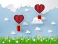 Illustration vector design concept of love and valentine`s day, origami heart vector hot air balloon flying on the sky Royalty Free Stock Photo