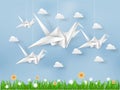 Illustration vector of white origami paper bird flying on blue sky