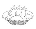 Chicks in the nest - vector linear picture for coloring. Three little chicks in a cozy nest - vector spring cute, cartoon picture