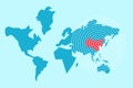 China of red color on vector blue map of the world. blue background isolated. Royalty Free Stock Photo