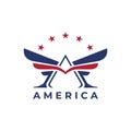 letter A logo monogram with wing and stars america flag color Royalty Free Stock Photo
