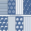 Set marine seamless patterns. Dolphin, wheel, shells, stripe, zigzag, circles. Blue abstract backgrounds. Royalty Free Stock Photo