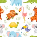 Color vector seamless pattern with cute tropical animals on an isolated white background Royalty Free Stock Photo