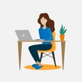 Cute illustration of a woman learning / working on her computer at home